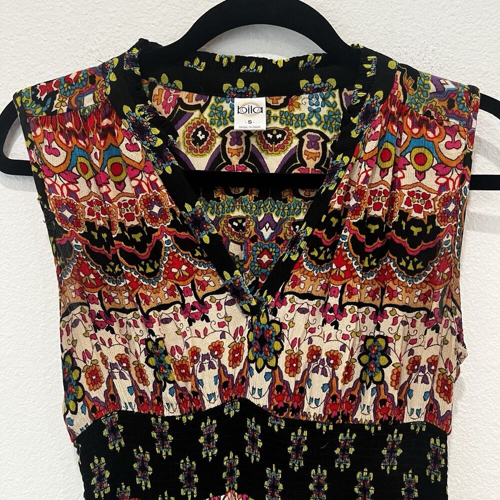 Bila Maxi Dress Sz S V-Neck Geometric Print Boho Gypsy Hanky Hem Asymmetrical - Picture 2 of 8